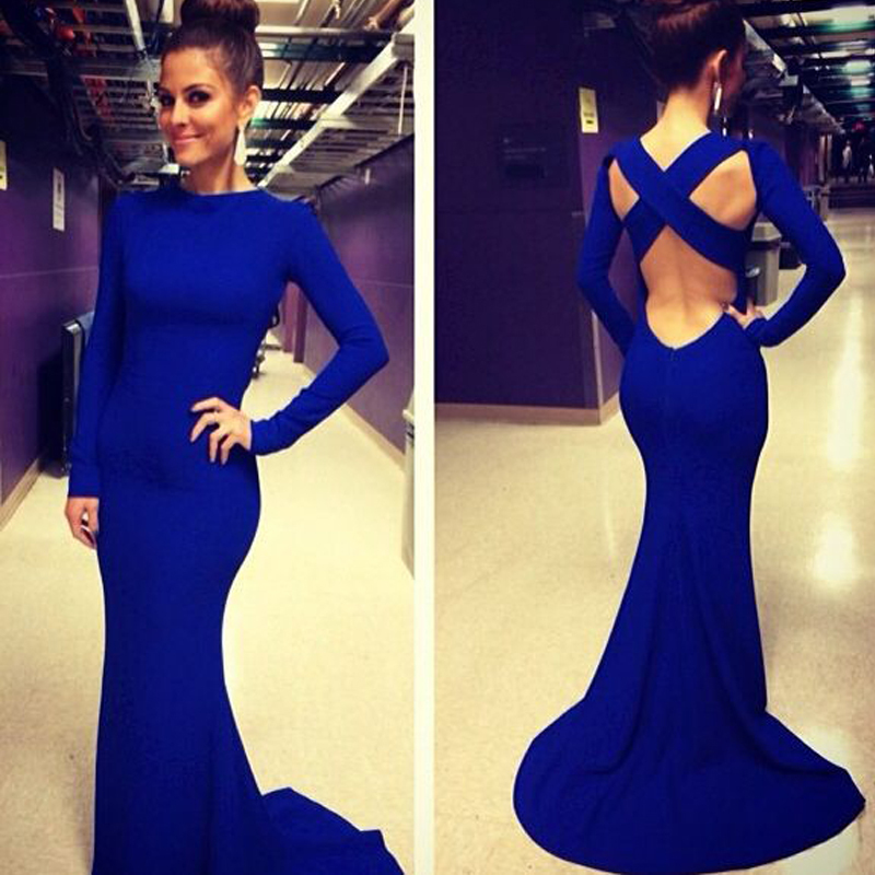 White/blue Prom Dresses Long Sleeve Backless Fitted Mermaid Evening Gown