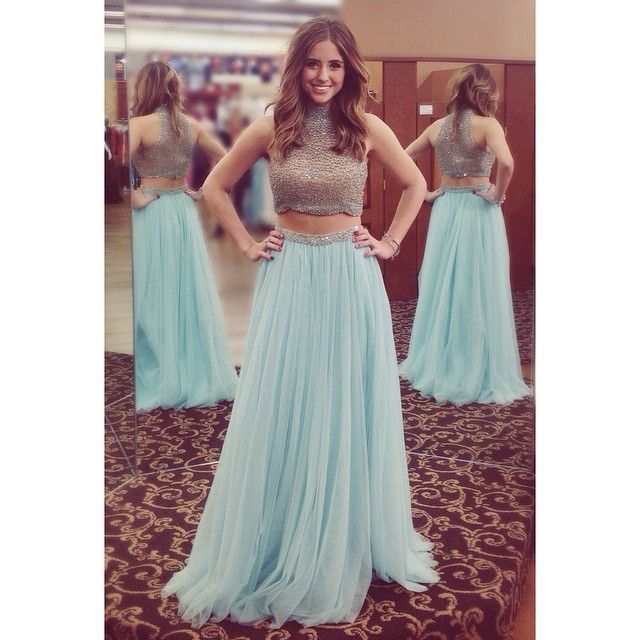 Sexy Light Blue Two Piece Prom Dresses Crop Top High Neck Crystal Tulle 2  Piece Long Party Dresses P on Luulla